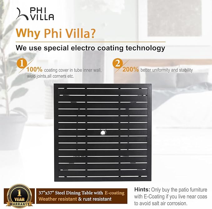 PHI VILLA 5-Piece Metal Patio Outdoor Table and Chairs Dining Set- 37" Square Bistro Table and 4 Backyard Garden Chairs, Table with 1.57" Umbrella Hole