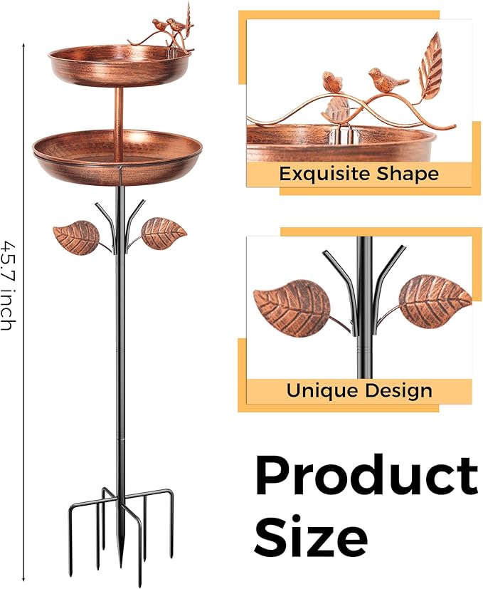 Bird Bath for Outside, Double 46In Metal Birdbaths for Outdoors,Bird Bath Feeder Bowls for Garden Patio Yard Decor, Upgraded 5-Pronged Metal Stake