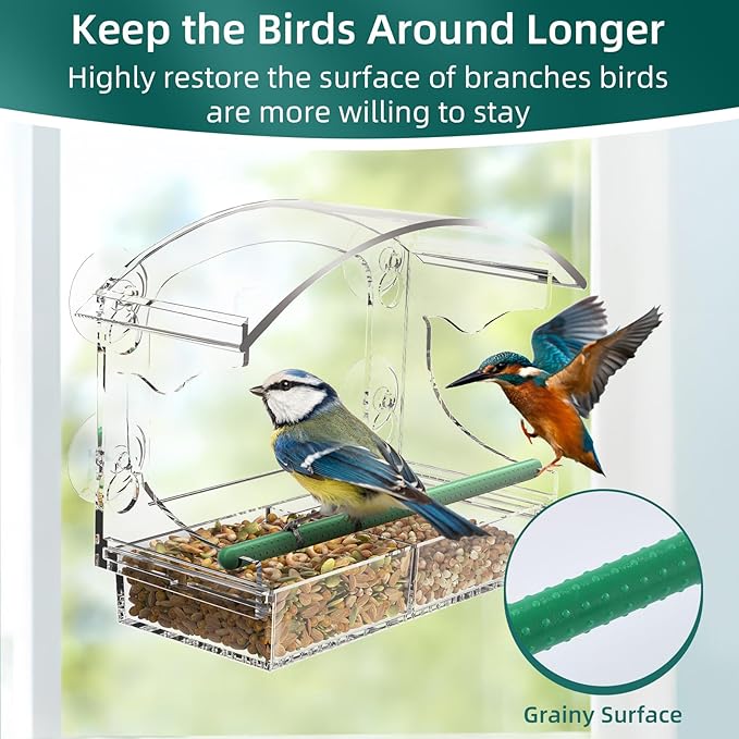 Window Bird Feeder with 4 Strong Suction Cups, Clear Window Feeder for Outside, Acrylic Bird House for Window, Large Outdoor Wild Bird Watching Gift