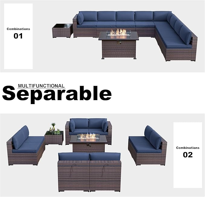Kullavik 10 Pcs Outdoor Patio Furniture Set with 43" Gas Propane Fire Pit Table PE Wicker Rattan Sectional Sofa Patio Conversation Sets,Navy Blue
