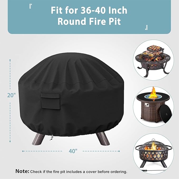 SHINESTAR Round Fire Pit Cover, Fits for 36-40 Inch Firebowl with Drawstring and Built-in Vents, Waterproof & Windproof, 40 Dia x 20 H, Black