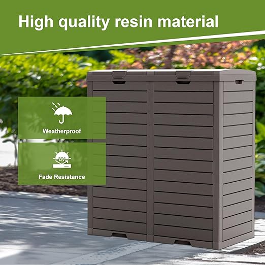 62 Gallon Outdoor Double Trash Can, Waterproof Trash Can Cabinet for Outside, Resin Garbage Bin with Lid and Drip Tray for Easy Cleaning for Patios, Kitchens, and Outdoor Entertaining（Light Gray）