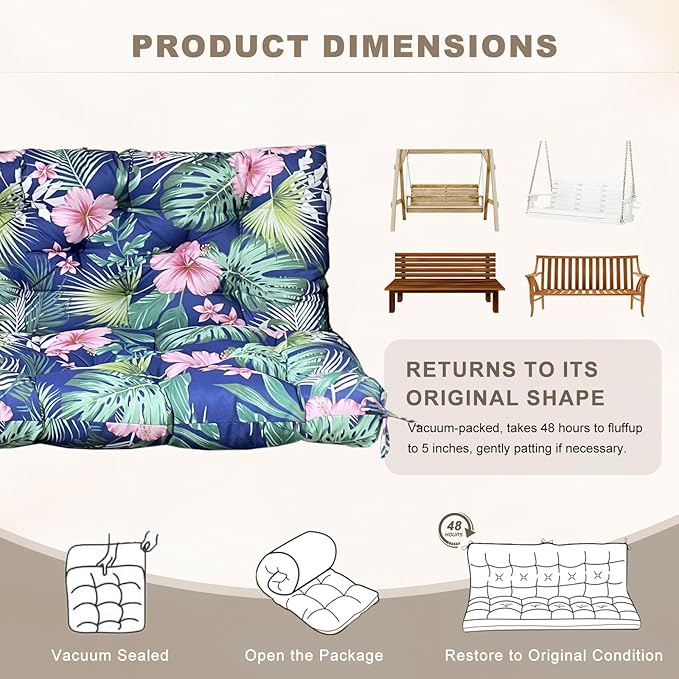 Porch Swing Cushion with Backrest,Waterproof Bench Cushion for Outdoor Furniture,2-3 Seater Replacement Thickened Swing Cushion with Ties,Patio,Outdoor,Backyard and Garden (Tropical Floral,47x40")