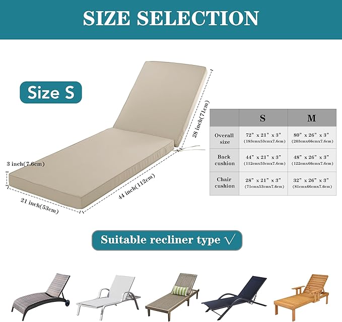 Outdoor Chaise Lounge Cushion Set of 2, Fadesafe Water-Repellent Lounge Deck Reclining Chair Cushions for Patio Furniture Lawn Pool Resort Hotel, 72x21x3 Inch, Cream