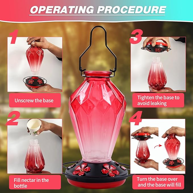Glass Hummingbird Feeder for Outdoors Hanging, 25Oz Humming Bird Nectar Feeder, Perch, 5 Flower Feeding Ports, Leak Proof Base, Hook for Outside Garden Backyard, Gift for Women Mom, Diamond Red
