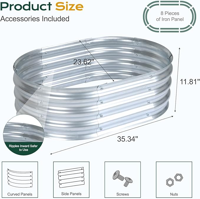 Aoodor Galvanized Raised Garden Bed Kit, 3 x 2 x 1 Ft, Oval Planter Box for Vegetables, Flowers, and Herbs, Outdoor Use, Silver