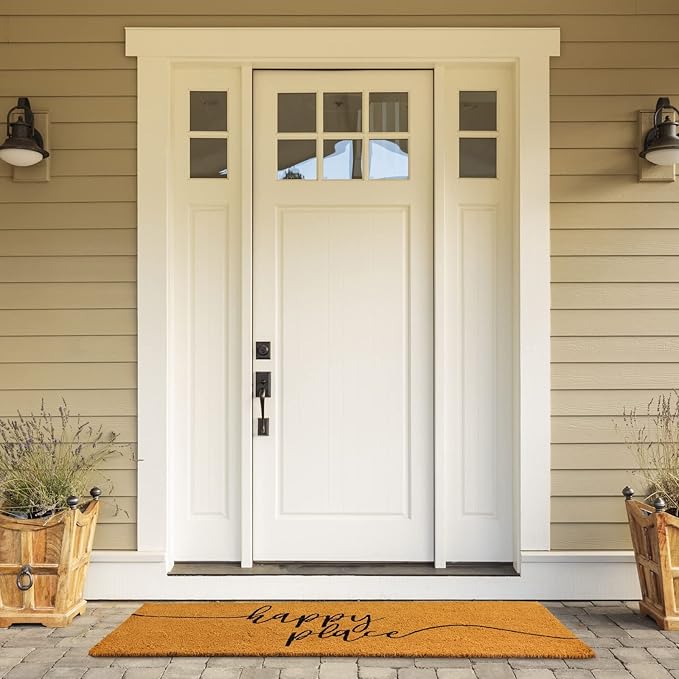 Juvale Natural Coco Coir Large Door Mat, Happy Place Long Outdoor Rug (17 x 60 in)