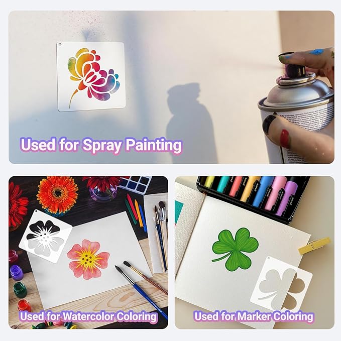 Flower Stencils for Painting, 64pcs 3 Inch Stencils for Crafts Rock Painting Stencils Plastic Reusable Stencils for Painting on Wood Wall Tile Home Decor