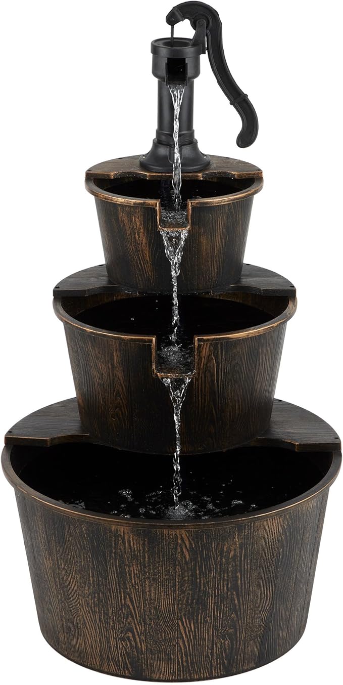 Alpine Corporation 40" Tall Outdoor Floor Tiered Rustic Pump and Barrel Water Fountain, Old-Fashioned Waterfall for Garden, Patio, Yard Decor, Dark Brown
