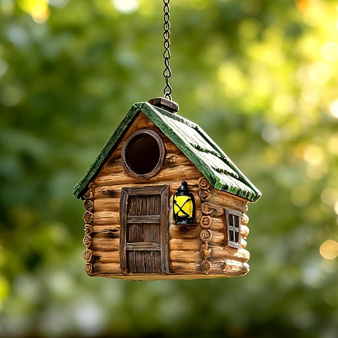 Bird Houses for Outside, Wood-Look Resin Bluebird House with Hanging Chain, Waterproof & Practical Forest Bird Houses, Decorative Hanging Birdhouse for Yard Garden Decor, Wood House