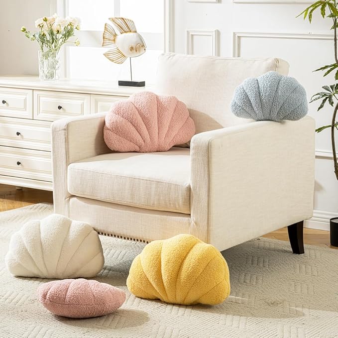 Seashell Throw Pillows Shell Shaped Pillow White Sea Shell Pillows for Bed Seashell Decorative Pillow Soft Plush Pillow Sea Couch Decoration(13 X 10 inch)