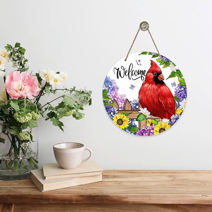 Welcome Spring Summer Cardinal Front Door Sign, Red Bird Hydrangea Sunflower Wood Door Hanger Outdoor Outside Porch Decor, Daisy Flower Seasonal Wooden Wreath Indoor Wall Hanging Decoration