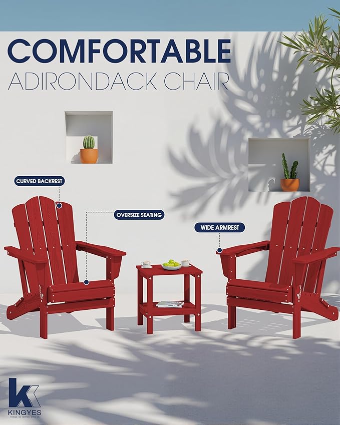 KINGYES Folding Adirondack Chair Set of 2, HDPE Adirondack Chair for Adult, Red