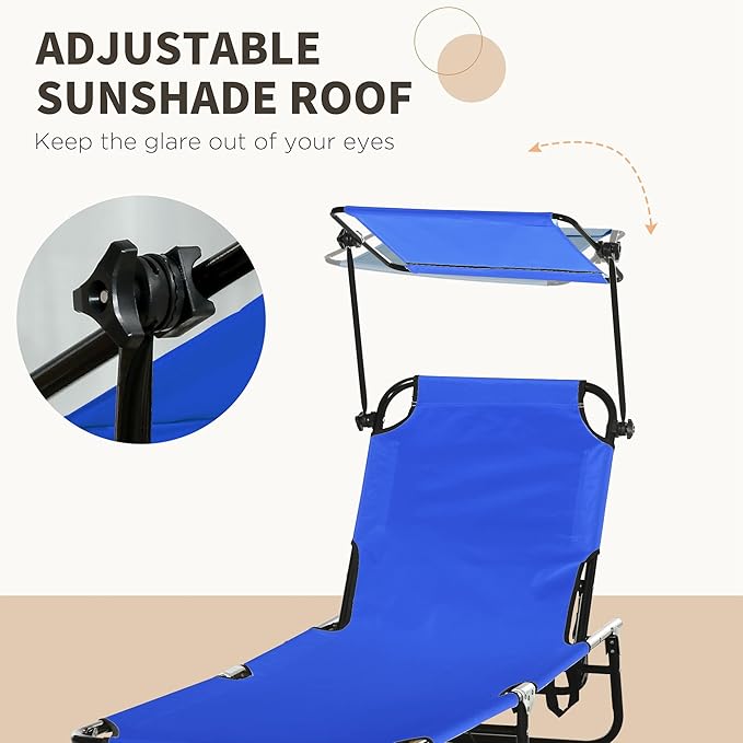 Outsunny Folding Chaise Lounge Pool Lounge Chairs Set of 2, Outdoor Sun Tanning Chairs with Canopy Shade, Reclining Back, Steel Frame and Side Pocket for Beach, Yard, Patio, Blue
