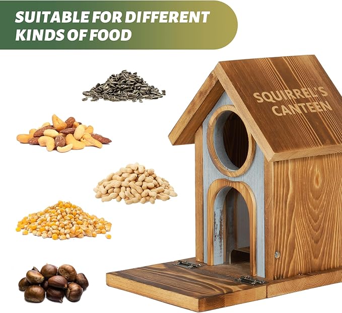 MIXXIDEA Wooden Squirrel Feeder, Large Capacity Squirrels Feeders for Outside, Sturdy Construction, No Assembly Lovely Chipmunk Feeder for Corn, Peanut, Nuts, Chestnuts (Brown-1pk)