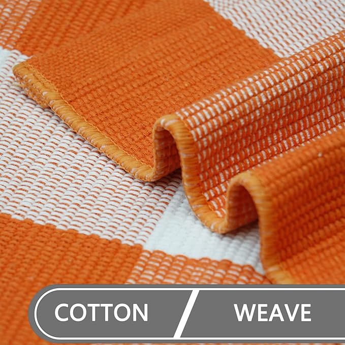 MUBIN Cotton Orange and White Plaid Rug, 4'x6' Fall Outdoor Front Door Decorative Mat, Hand-Woven Rug for Layered Door Mats Washable Carpet for Porch, Entryway, Farmhouse, Autumn, Halloween