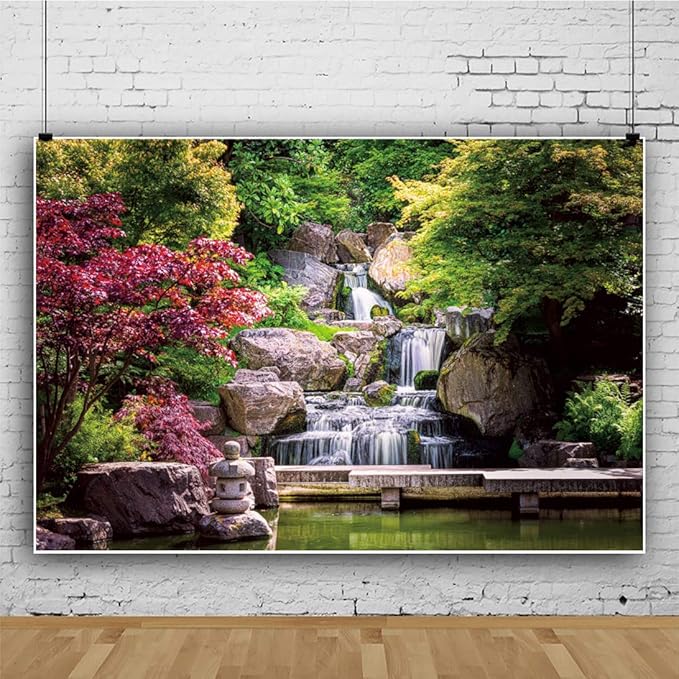 6x4ft Japan Garden Landscape Backdrop Retro Style Park View Photography Background Waterfall Maple Trees Bridge Kyoto Garden Travel Children Adult Portrait Photo Studio Props Wallpaper