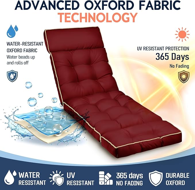 MAGIC ELEPHANT Chaise Lounge Cushion Outdoor, Memory Foam Patio Lounge Chair Cushion with Ties for Indoor Outdoor Furniture, Water-Repellent Replacement Long Chair Cushion (Burgundy)