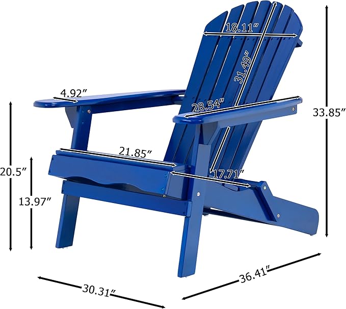 Merax Folding Adjustable Acacia Wood Adirondack Chairs, Water Proof Outdoor Wooden Fire Pit Lounge Reclining Chair for Yard, Garden, Patio, Blue