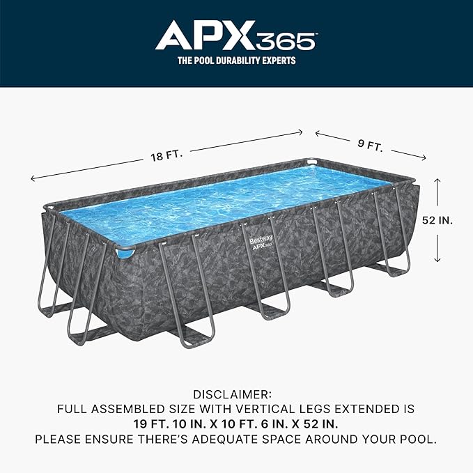 Bestway APX 365 18' x 9' x 52" Above Ground Pool, Rectangular Metal Frame Outdoor Swimming Pool Set with Sand Filter Pump, Ladder, and Cover, Dark Marble