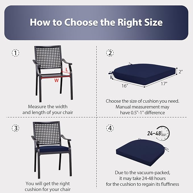 Outdoor Chair Cushions Set of 4, 17 x 16 Inch Patio Chair Cushions for Outdoor Furniture, Water Resistant, Non-Slip Ties (Navy Blue)