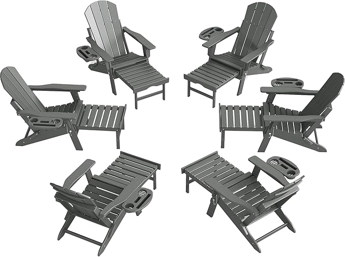 Adjustable Adirondack Chair with Retractable Ottoman Set of 6, HDPE Folding Adirondack Chair with Cup Holder, All Weather Fire Pit Chair for Outdoor.