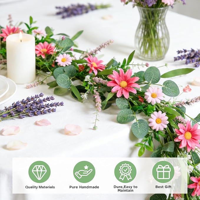 6 Ft Pink Flower Garland Silk Artificial Wildflower Daisy Flowers Faux Floral Garland Spring Flower Hanging Vines with Green Leaves for Fireplace Wedding Arch Wall Home Indoor Outdoor Party Decor
