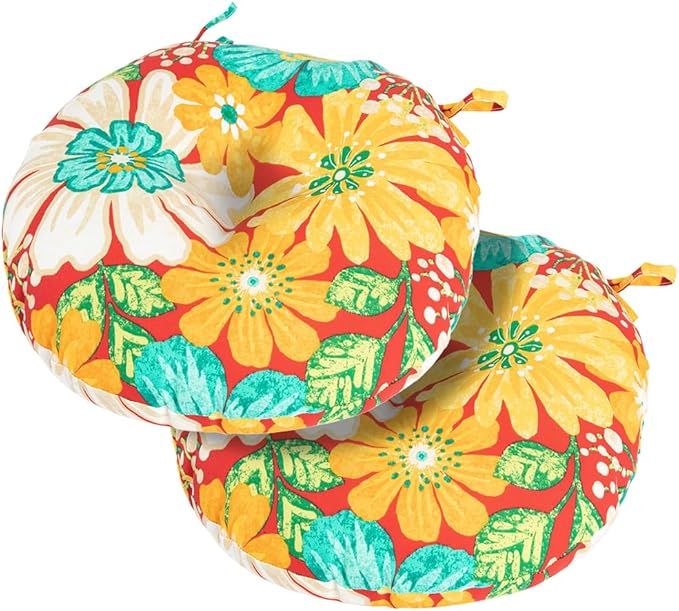 Magpie Fabrics Outdoor Round Bistro Seat Cushions with Ties, 15"x15"x4" Set of 2, Tufted Waterproof Barstool Chair Pads for Patio Home Garden Office, Embry Red Hibiscus