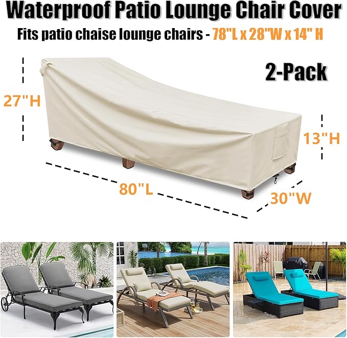 Chaise Lounge Cover Outdoor Waterproof - 2Pack, 600D Weather-Resistant Polyester UV-resistant And Tear-resistant Fabric, Patio Lounge Chair Covers 80"L x 30"W x 27" H, Beige