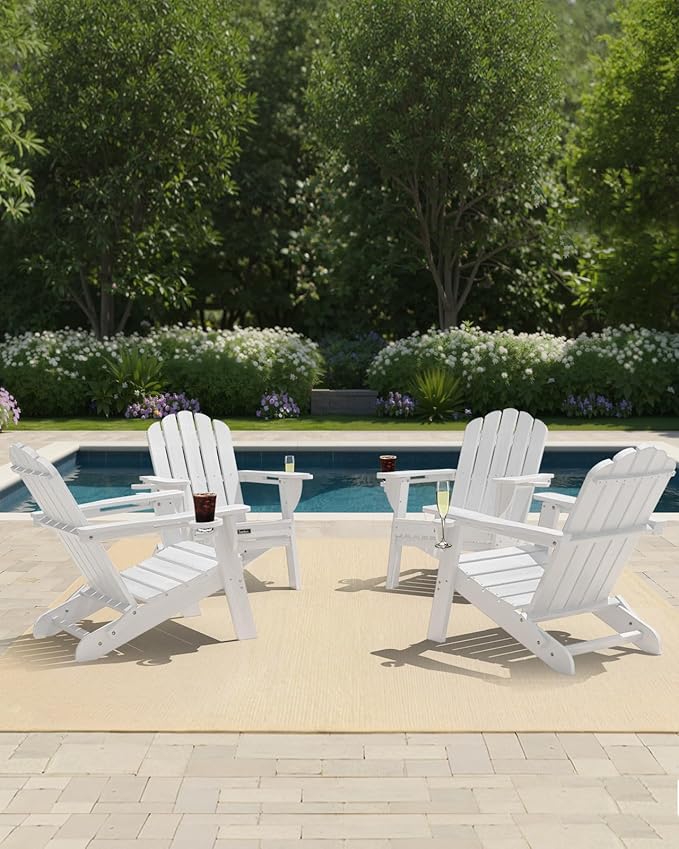 Adirondack Chairs Set of 4, HDPE Material Fire Pit Chairs, Plastic Adirondack Chairs with 2 Cup Holder, Outdoor Lawn Chair for Patio Garden, White