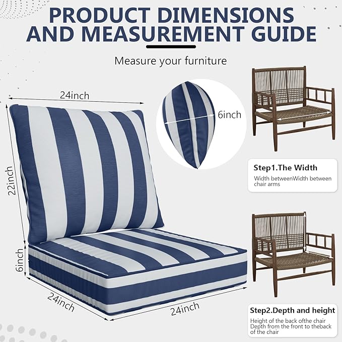 24" x 24" x 6" Outdoor Deep Seat Cushions Set - 2 Set Waterproof & Fade Resistant Patio Furniture Replacement Cushions, Non-Slip Outdoor Cushions Fit Loveseats, Couches, Chairs, and Sofas.