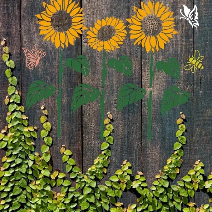 Garden Fence Large Flower Stencils - Reusable Floral Stencil DIY Decoration for Painting on Wood Walls Pattern, Jumbo Sunflower Yard Spray Paint Big Crafts Floor Stencils (D-5 Sunflower Butterflies)