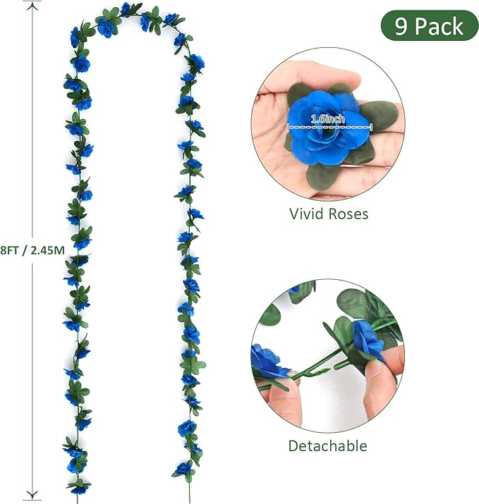 KHOYIME 9 Pack 72 FT Artificial Flower Garland, Fake Blue Roses Vines Silk Flowers Faux Plastic Outdoor Hanging Floral Ivy Garland Decoration for Wedding Arch Bedroom Home Wall Backdrop Room Decor
