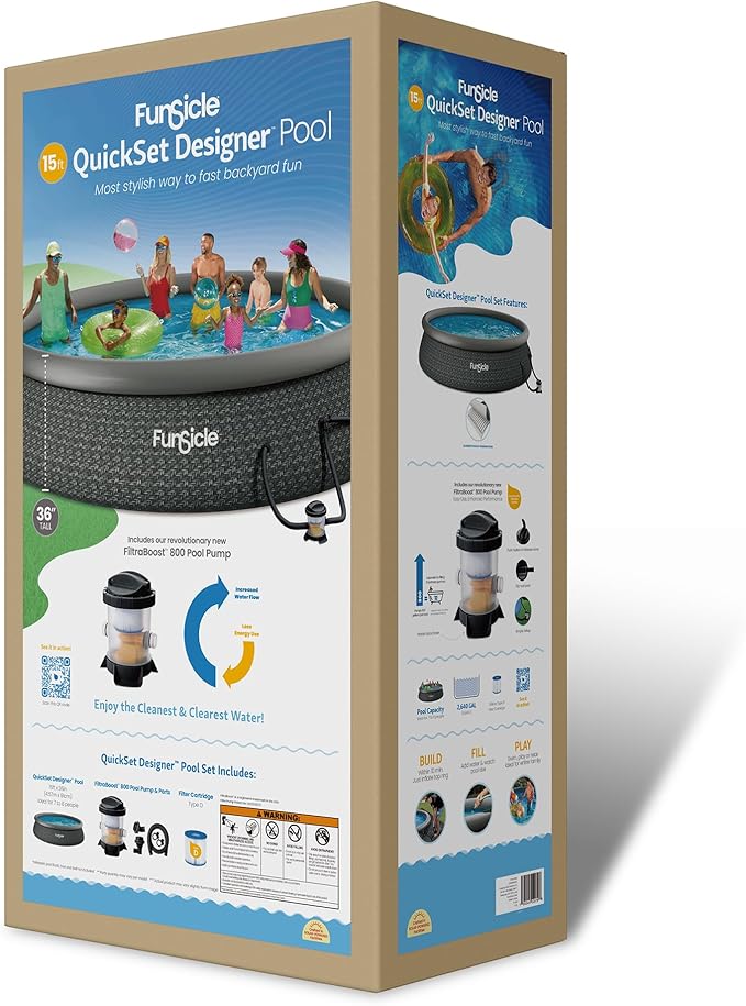 Funsicle Quickset Designer 15' x 36" Round Above Ground Swimming Pool, with FiltraBoost 800 GPH Filter Pump, Type D Filter Cartridge & Repair Patch, Dark Herringbone