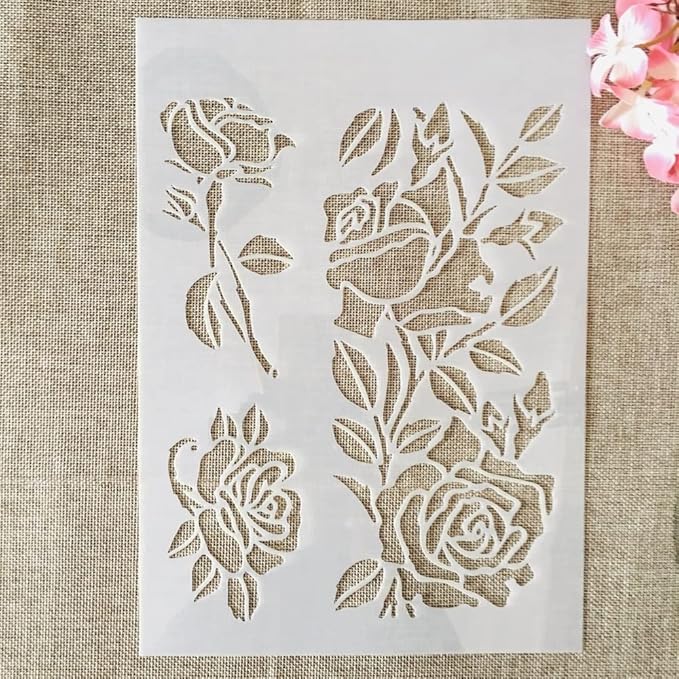 TIAMECH A4 Reusable Rose Flowers Stencil for Painting - Floral Leaves Layering Template, DIY Wall Art, Wood Furniture, Scrapbook & Crafts (8.3x11.7inch)