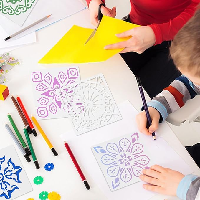 16 Pcs (6 x 6 Inch) Reusable Stencils, Mandala Stencils for Painting DIY Art Scrapbook Fabric Furniture on Wood Floor Wall Tile Easter Decor