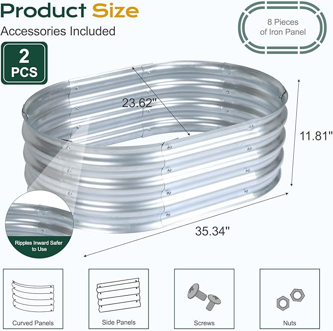Aoodor 2PCS Galvanized Raised Garden Bed Kit, 3 x 2 x 1 Ft, Oval Planter Boxes for Vegetables, Flowers, and Herbs, Outdoor Use, Silver