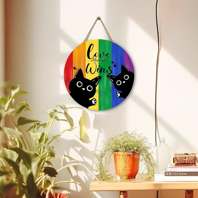 Gay Pride Love Always Wins Front Door Sign Rainbow LGBTQ Black Cat Lesbian Pansexual Wooden Door Hanger Outdoor Indoor Porch Signs Decor Pride Month Indoor Wall Hanging Decoration