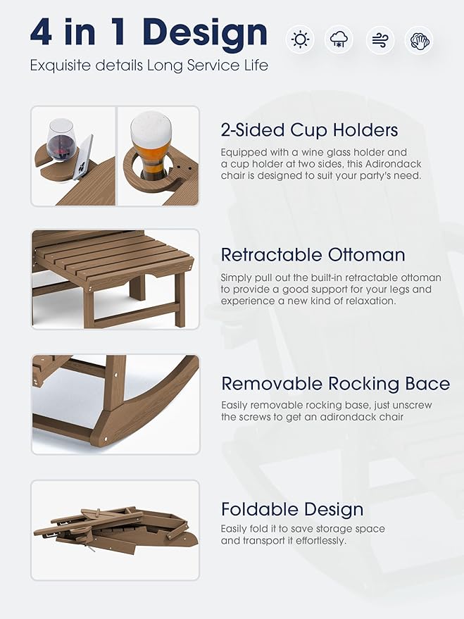 KINGYES Adirondack Rocking Chair Set of 4 with Retractable Ottoman and Cup Holders, HDPE Adirondack Rocker Patio Rocking Chair for Porch, Patio, Balcony, Brown