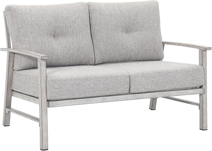 Patio Furniture Loveseat Sofa, Outdoor Aluminum Patio Couch with 5.9'' Soft Cushion, All-Weather 2 Seats Outdoor Furniture Sofa Couch for Garden, Poolside, Lawn, White Oak