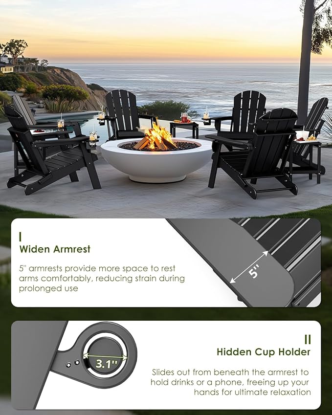 GREENVINES Folding-Adirondack-Chairs-Set-of-6 | HDPE Plastic | Fire Pit Chair | All Weather | Cup Holder | Black | for Deck Backyard Patio Outdoor Garden
