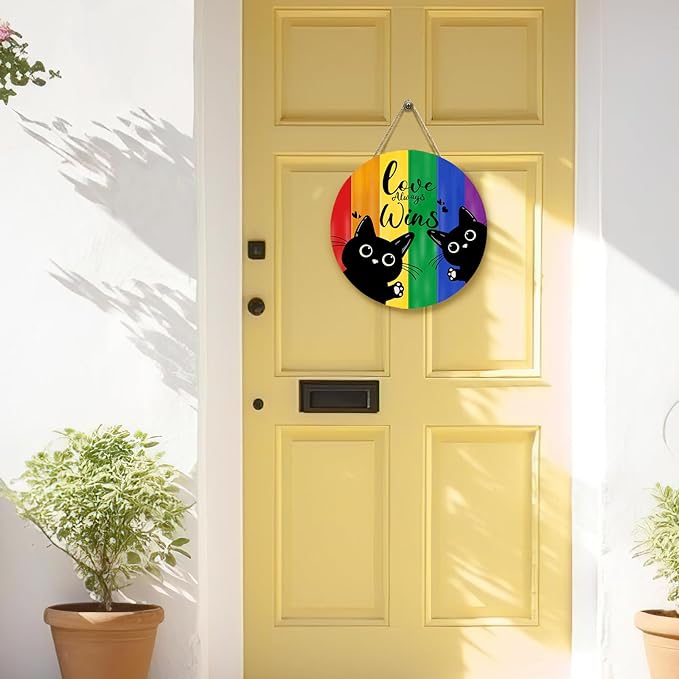 Gay Pride Love Always Wins Front Door Sign Rainbow LGBTQ Black Cat Lesbian Pansexual Wooden Door Hanger Outdoor Indoor Porch Signs Decor Pride Month Indoor Wall Hanging Decoration