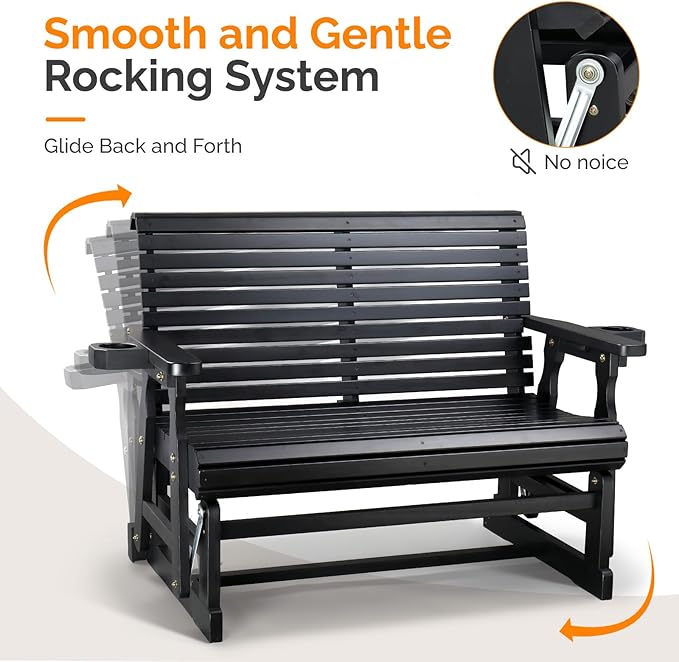 VINGLI Outdoor Glider Wood Patio Chair with Cup Holders, Outdoor Bench Glider Loveseat with Smooth Rocking Mechanism, Heavy Duty 800 LBS, Black