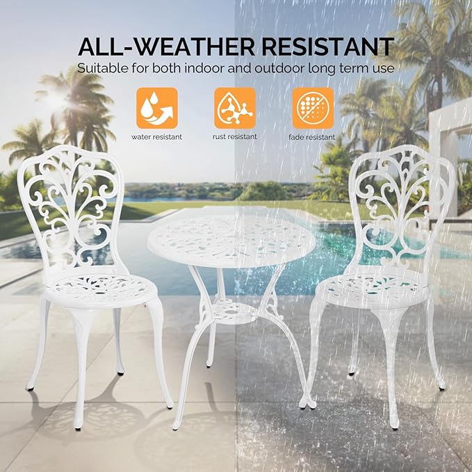 VINGLI 3 PCS Outdoor Bistro Set, Outdoor Patio Set, All-Weather Cast Aluminum Bistro Table Set, Bistro Table and Chairs Set of 2 for Backyard, Garden, Balcony (White, Butterfly)