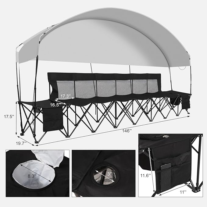 G GOOD GAIN Portable Soccer Bench with Canopy - Team Bench Soccer 6 Seats with Bag, Sideline Folding Bench, Folded Chair Seating 6 for Football Camp Outdoor Sport Events, Team Chairs for Adults, Black