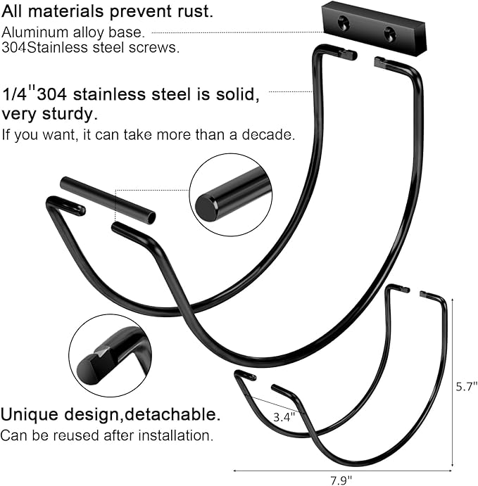 Garden Hose Holder Wall Mounted,304Stainless Steel Solid Hook Holds Up to 150Ft - Black