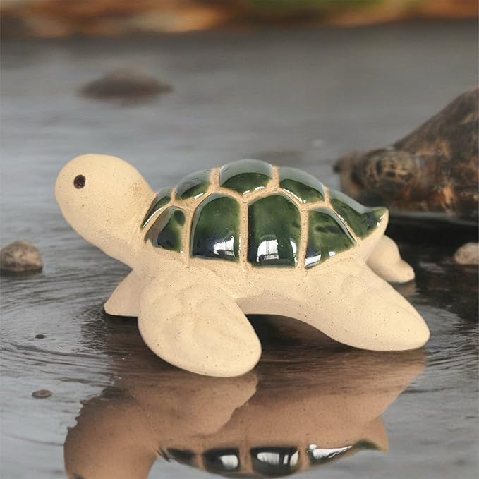 Ceramic Sea Turtle Figurine, White and Green, Ocean Theme Garden Decor, 3.2 x 3.2 x 1.8 inches (Emerald Green)