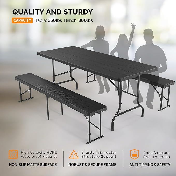 VINGLI Picnic Table Set with 2 Benches, 6 Feet Camping Table Chair Set, 3-Piece Folding Furniture for Indoor or Outdoor Use, Tree Patterned HDPE Tabletop, Black