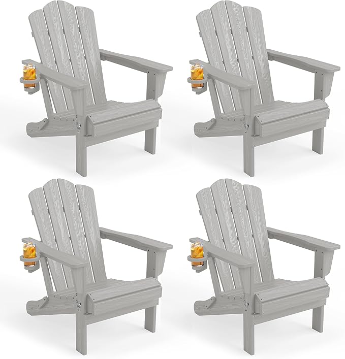 KINGYES Folding Adirondack Chair Set of 4, HDPE All-Weather Patio Chairs with Cup Holder, Wooden Textured Fire Pit Chairs for Poolside, Backyard, Deck, Silver Grey