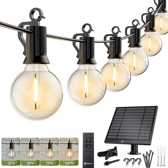 Brightown 58FT Solar String Lights Outdoor with Remote Cable Ties Hooks, 26 LED Shatterproof Bulbs, 3 Light Modes, Dimmer & Timer, Commercial Grade Patio Lights for Yard Balcony Pergola Party Decor